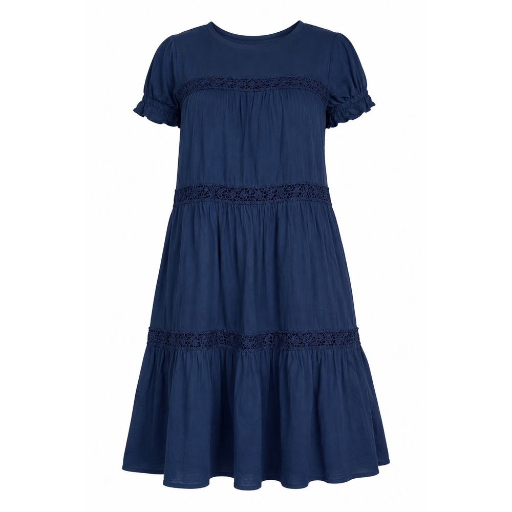 Women's Navy Blue Tiered Boho Dress Lace Babydoll Cottagecore Peasant Midi Dress
